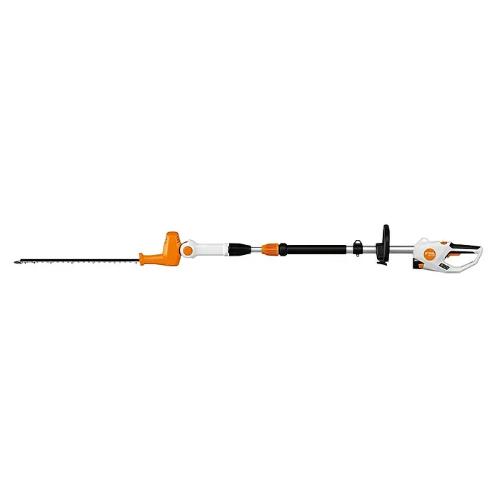 Stihl AS Teleskop-Heckenschere HLA 40 - 0,17 kW, Anzahl Akkus: Ohne Akku, Schnittlänge: 45 cm - Eine Stihl Heckenschere mit langem Schaft, ideal zum Schneiden hoher Hecken. Das Gerät ist weiß, orange und schwarz und verfügt über ein scharfes Schneidwerkzeug.
