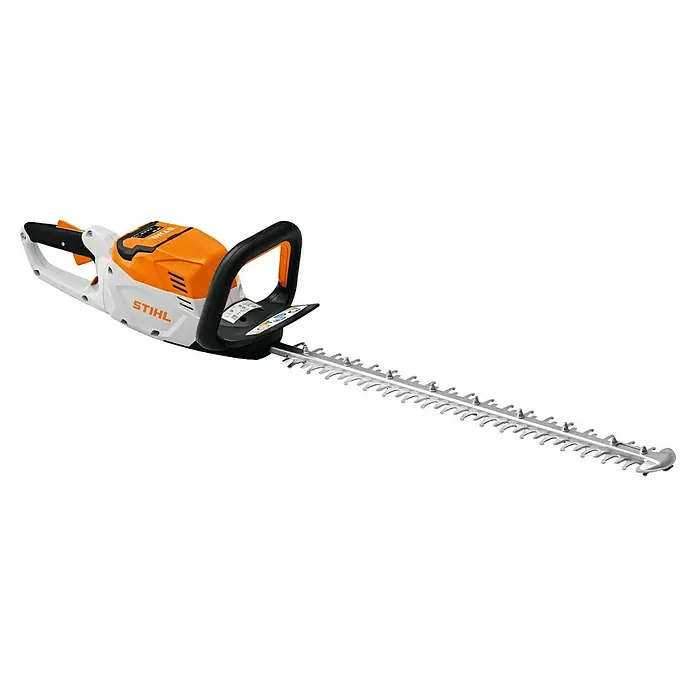 Stihl Akku-Heckenschere HSA 60 - 36 V, Li-Ionen, Ohne Akku, Schnittlänge: 60 cm - Ein Akku-Heckenschneider der Marke Stihl mit langem Schwert und orangenen Akku-Abdeckung. Der robuste Helfer für jeden Garten.