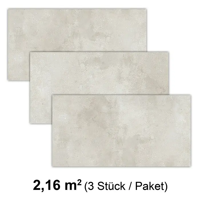 Revêt Wandpaneel SPC Wall - 1.200 x 600 mm, Beige - Abbildung von drei hellgrauen Bodenfliesen.