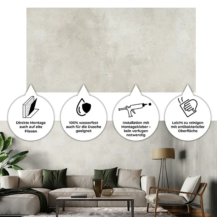 Revêt Wandpaneel SPC Wall - 1.200 x 600 mm, Beige - Produktbild mit Hinweisen zu den Produkteigenschaften: Direkte Montage, wasserfest, Montagekleber-Installation und einfache Reinigung.