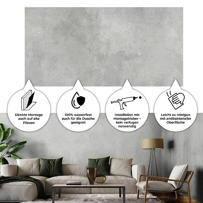 Revêt Wandpaneel SPC Wall - 1.200 x 600 mm, Beton Grau - Das Bild zeigt eine graue Wandfliese mit Hinweisen auf ihre Eigenschaften, wie einfache Montage, Wasserfestigkeit und antibakterielle Oberfläche.