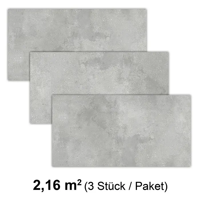 Revêt Wandpaneel SPC Wall - 1.200 x 600 mm, Beton Grau - Abbildung von drei grauen Bodenfliesen. Fläche 2,16 m² pro Paket (3 Stück). Ideal für moderne Wohnräume.