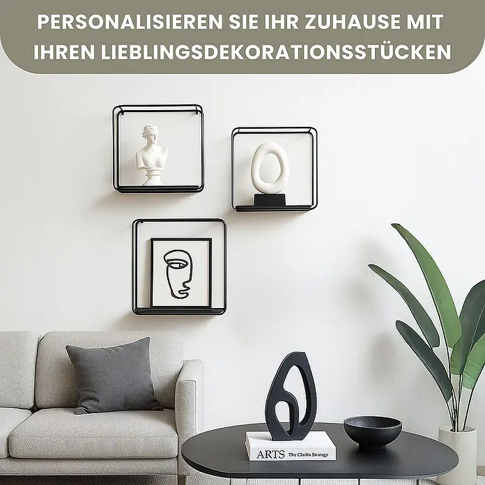 Berlinlodge Metallregal Wandregal 3er Set aus Metall/Bambus - H x B x T: 32 x 22 x 12 cm, Traglast pro Boden: 15 kg, Anzahl Böden: 3 Stk., Einhängen, Schwarz/Bambus