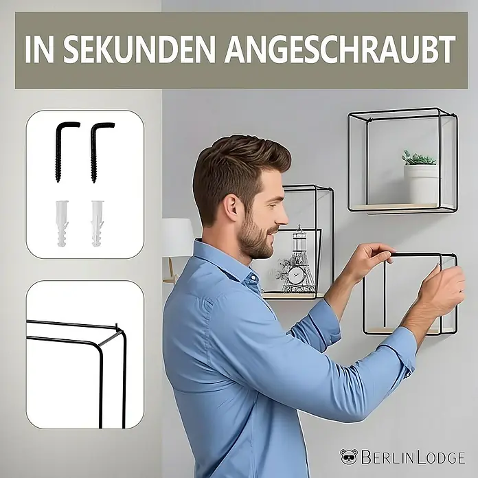Berlinlodge Metallregal Wandregal 3er Set aus Metall/Bambus - H x B x T: 32 x 22 x 12 cm, Traglast pro Boden: 15 kg, Anzahl Böden: 3 Stk., Einhängen, Schwarz/Bambus