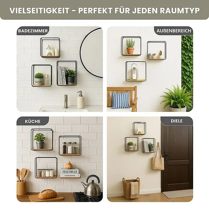 Berlinlodge Metallregal Wandregal 3er Set aus Metall/Bambus - H x B x T: 32 x 22 x 12 cm, Traglast pro Boden: 15 kg, Anzahl Böden: 3 Stk., Einhängen, Schwarz/Bambus
