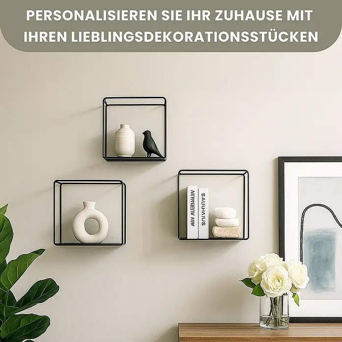 Berlinlodge Metallregal Wandregal 3er Set - H x B x T: 32 x 22 x 12 cm, Traglast pro Boden: 15 kg, Anzahl Böden: 3 Stk., Einhängen, Schwarz