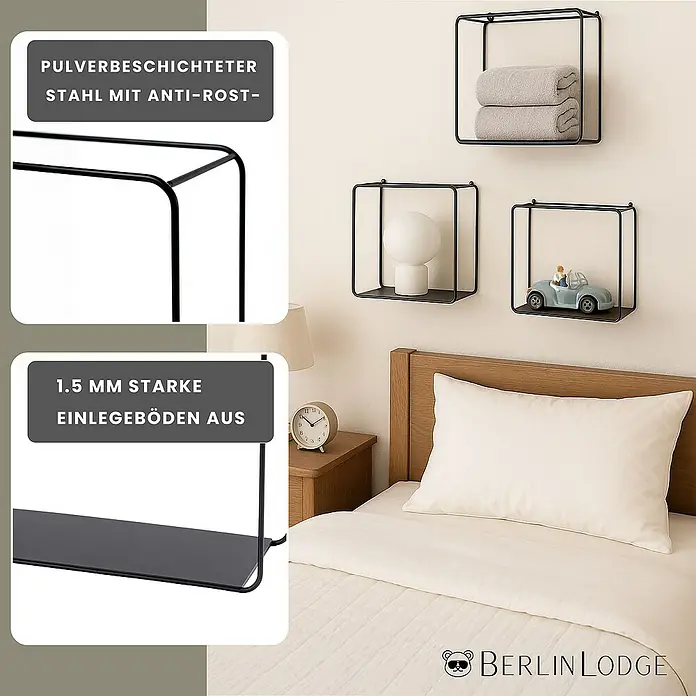 Berlinlodge Metallregal Wandregal 3er Set - H x B x T: 32 x 22 x 12 cm, Traglast pro Boden: 15 kg, Anzahl Böden: 3 Stk., Einhängen, Schwarz