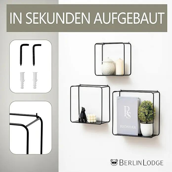Berlinlodge Metallregal Wandregal 3er Set - H x B x T: 32 x 22 x 12 cm, Traglast pro Boden: 15 kg, Anzahl Böden: 3 Stk., Einhängen, Schwarz