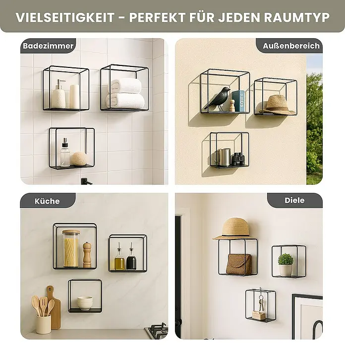 Berlinlodge Metallregal Wandregal 3er Set - H x B x T: 32 x 22 x 12 cm, Traglast pro Boden: 15 kg, Anzahl Böden: 3 Stk., Einhängen, Schwarz