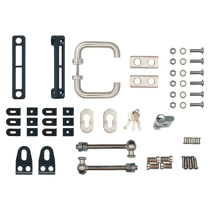FA-Bausysteme Zauntor Industrietor - 1,2 x 0,8 m, Stahl, Anthrazit, 1-Flügel, Drahtstärke 6/5/6 mm - Ein Set verschiedener Fensterbeschläge, darunter Griffe, Schlösser und Befestigungsmaterial. Hochwertige Fensterbeschläge für sichere Fenster.