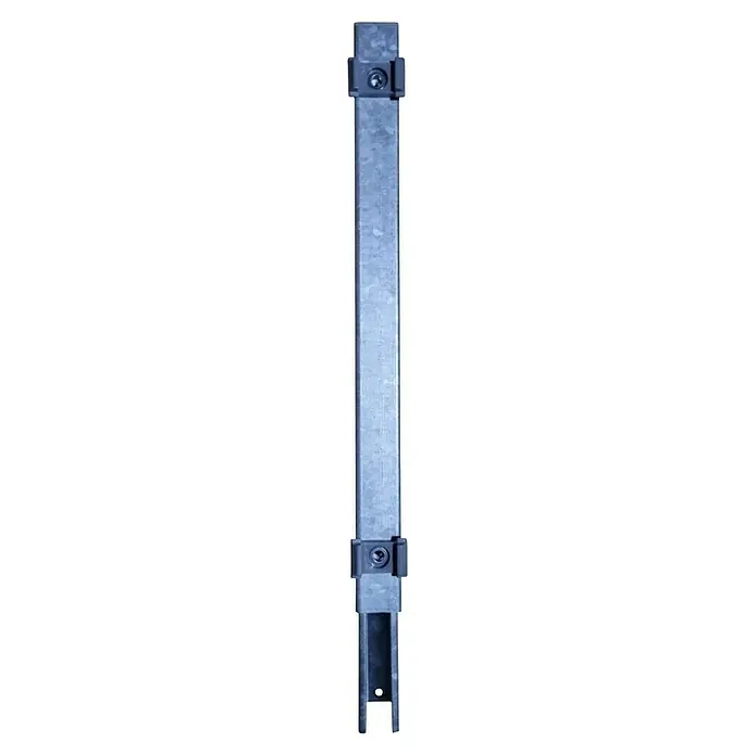 FA-Bausysteme Zaunpfosten Verlängerung - Höhe: 40 cm, Zink, Stahl, Passend für: Doppelstabmattenzaunpfosten - Detailaufnahme eines Vierkantrohrs mit Halterungen an beiden Enden, ideal für verschiedene Montageanwendungen.