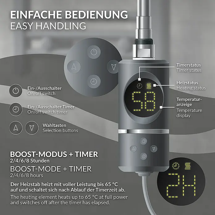 LuxeBath Elektro-Badheizkörper Handtuchwärmer Elektrisch Seitenanschluss mit Heizstab 900W gerade - B x H: 75 x 120 cm