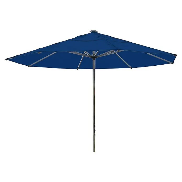MFG Marktschirm rund - Dunkelblau, Durchmesser Bespannung: 400 cm - Ein blauer Sonnenschirm mit einem robusten Metallrahmen bietet idealen Schutz vor der Sonne im Freien.