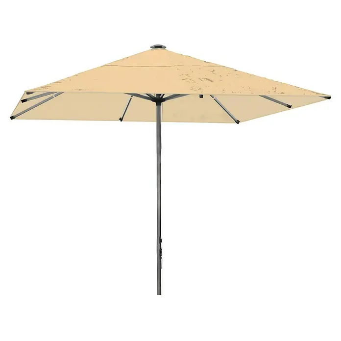 MFG Marktschirm - Beige-Champagner, Bespannungsmaß (L x B): 300 x 300 cm - Detailaufnahme eines quadratischen Sonnenschirms in Sandfarbe mit robustem Mittelständer für den Außenbereich.