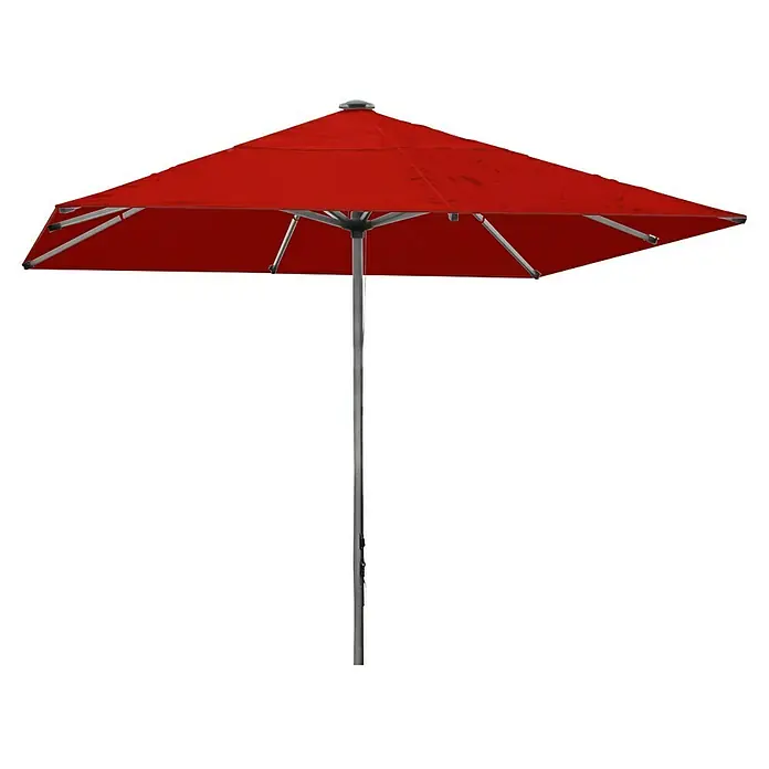 MFG Marktschirm - Chili-Rot, Bespannungsmaß (L x B): 300 x 300 cm - Roter quadratischer Sonnenschirm mit silberfarbenem Ständer, ideal für sonnige Tage im Freien.