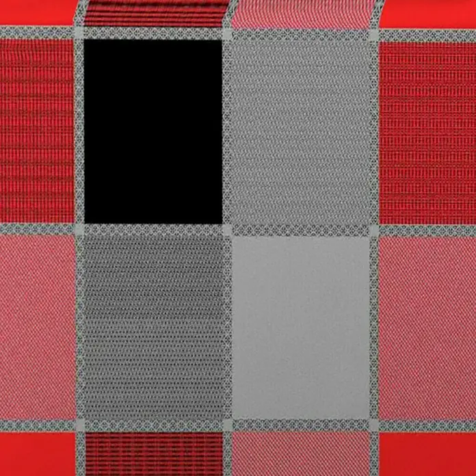 Doppler Gartenmöbel-Auflage Spot - Niederlehner, 100 x 48 x 5 cm, Baumwoll-Polyester-Mischgewebe, Schwarz/Rot Kariert - Kariertes Muster mit roten, grauen und schwarzen Quadraten, verbunden durch ein zartes graues Gitter. Das Muster ist ein echter Hingucker.