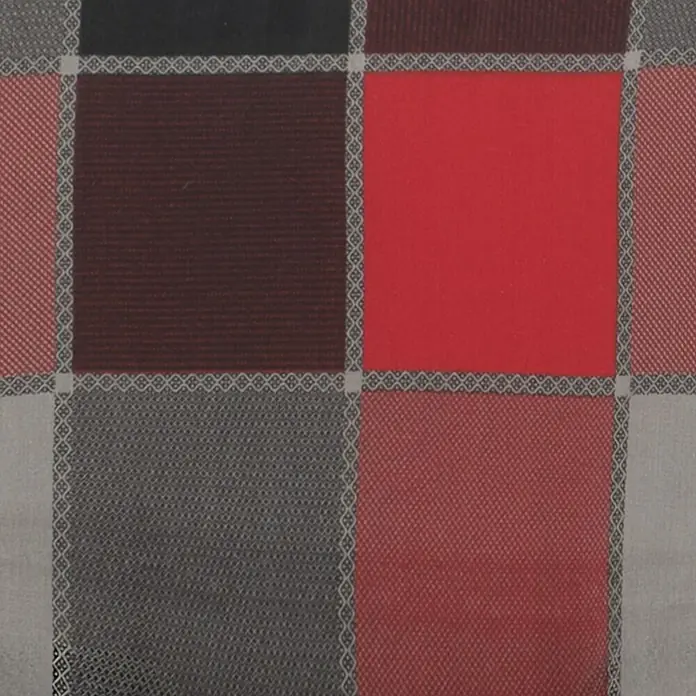 Doppler Gartenmöbel-Auflage Spot - Hochlehner, 118 x 48 x 5 cm, Baumwoll-Polyester-Mischgewebe, Schwarz/Rot Kariert - Kariertes Stoffmuster mit roten, grauen, braunen und schwarzen Quadraten, umrandet von einem feinen Zierband.