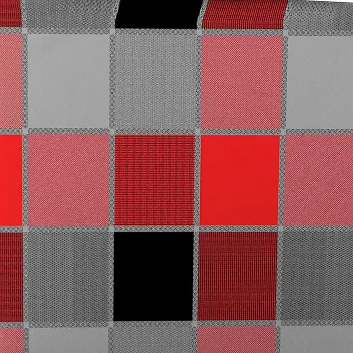 Doppler Gartenmöbel-Auflage Spot - Liegenauflage, 195 x 60 x 5 cm, Baumwoll-Polyester-Mischgewebe, Schwarz/Rot Kariert - Muster aus roten, grauen und schwarzen Quadraten, die durch ein feines, hellgraues Gitter voneinander getrennt sind. Ein detailreiches Stoffmuster.