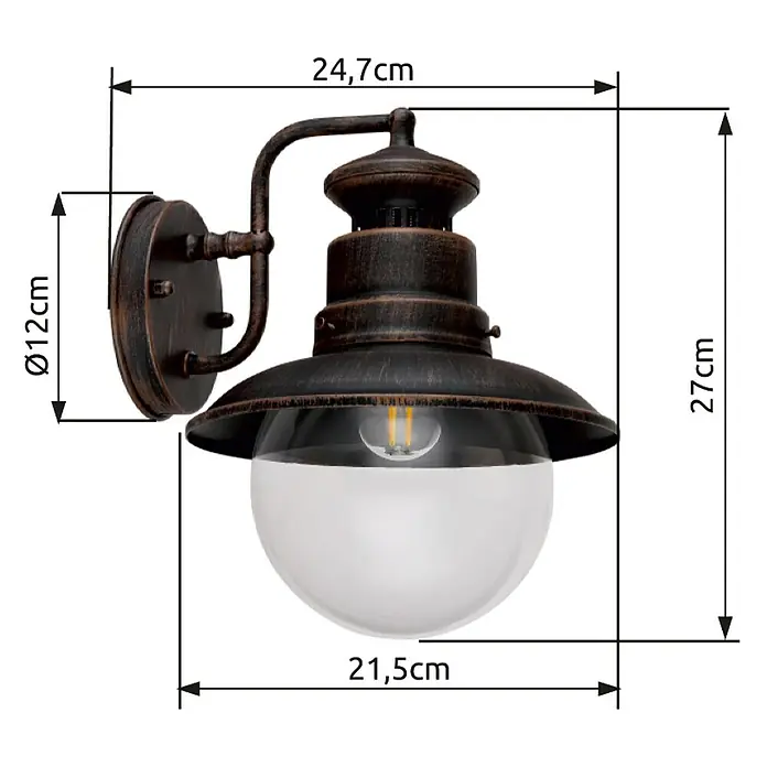 Globo Außenwandleuchte Sella - 60 W, Rostfarben, IP44 - Bild einer Outdoor-Wandleuchte in Antik-Optik mit Maßen von 24,7 x 27 x 21,5 cm. Wandhalterung hat einen Durchmesser von 12 cm.