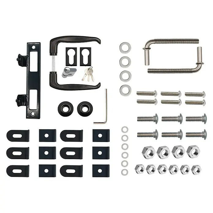 FA-Bausysteme Zauntor Basic - 1 x 1,8 m, Stahl, Anthrazit, 1-Flügel - Abgebildet ist ein Set mit Türbeschlägen, inklusive Drückergarnitur, Zylinder und Befestigungsmaterial für eine sichere und stilvolle Montage.