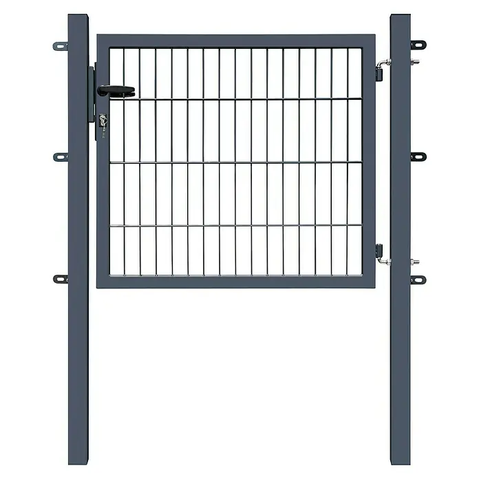 FA-Bausysteme Zauntor Basic - 1 x 0,8 m, Stahl, Anthrazit, 1-Flügel - Abbildung eines grauen Metalltors mit Gitterstruktur, das durch zwei Pfosten stabilisiert wird, ideal für den Außenbereich.