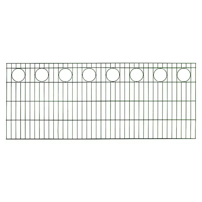 FA-Bausysteme Mattenzaun Schmuckzaun Ring 6/5/6 mm - 200,8 x 100 cm, Moosgrün - Grüne Gitterstruktur mit kreisförmigen Öffnungen. Stabiles Metallgitter, ideal für den Schutz und die Abgrenzung von Bereichen im Außenbereich.