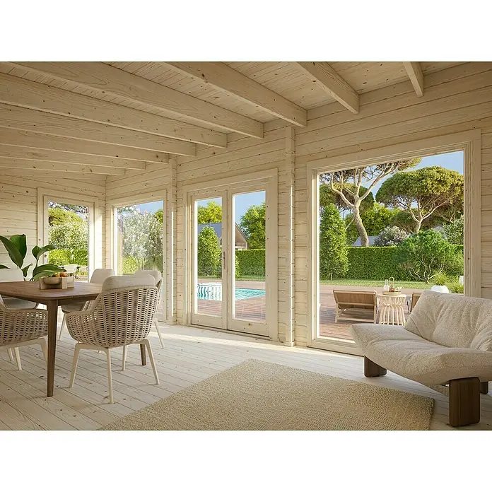 Palmako Gartenhaus Heidi - Außenmaß inkl. Dachüberstand (B x T): 748 x 483 cm, Holz, Natur - Helles, hölzernes Interieur mit Essbereich und Blick auf den Garten durch große Fenster. Entspanntes Wohnambiente mit Naturbezug.