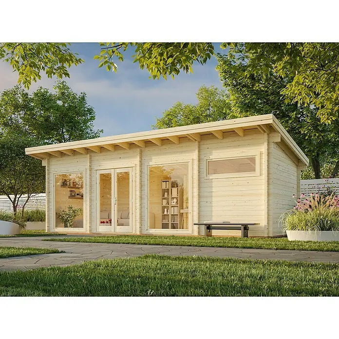 Palmako Gartenhaus Heidi - Außenmaß inkl. Dachüberstand (B x T): 885 x 393 cm, Holz, Natur - Das Bild zeigt ein modernes Gartenhaus aus Holz mit großen Fensterflächen, die viel Licht hereinlassen. Es bietet einen stilvollen Rückzugsort im Garten.