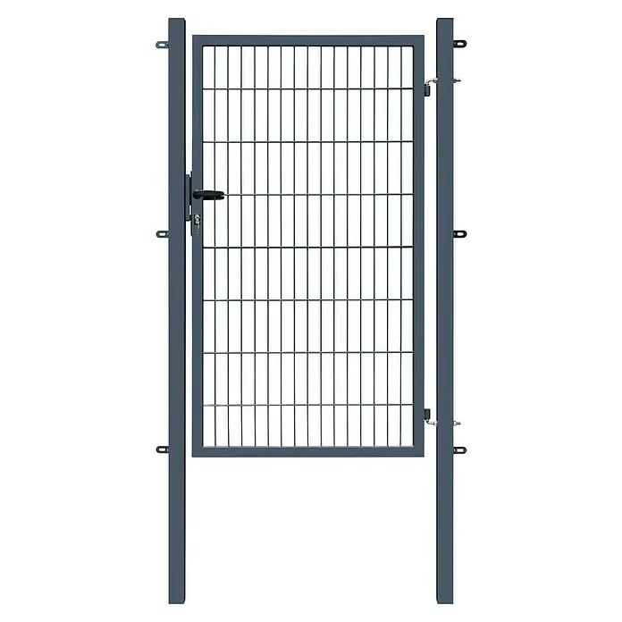 FA-Bausysteme Zauntor Basic - 1 x 1,4 m, Stahl, Anthrazit, 1-Flügel - Nahaufnahme eines grauen Metalltores mit Gitterstruktur, ideal für den Außenbereich als Sicherheits- oder Zugangslösung.