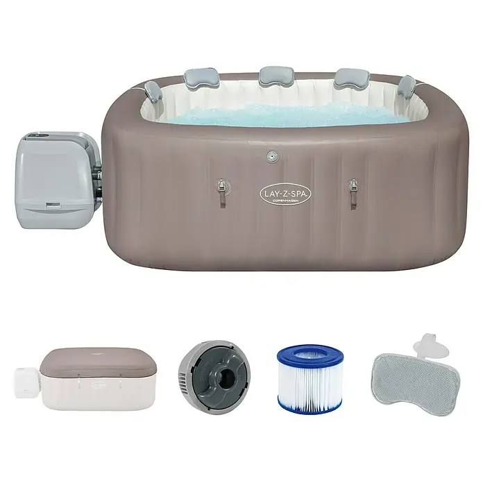 Bestway Lay-Z-Spa Mobil-Whirlpool Copenhagen Hydrojet - L x B x H: 201 x 201 x 80 cm, Grau, 1.050 l - Das Lay-Z-Spa Copenhagen aufblasbare Whirlpool-Set mit Pumpe, Filter, Abdeckung und Kopfstütze bietet Entspannung pur.