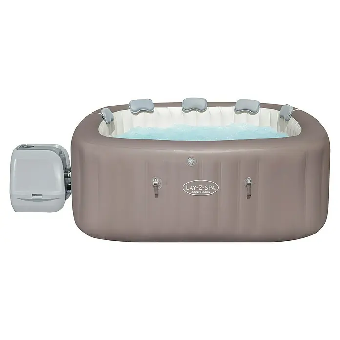 Bestway Lay-Z-Spa Mobil-Whirlpool Copenhagen Hydrojet - L x B x H: 201 x 201 x 80 cm, Grau, 1.050 l - Aufblasbarer Lay-Z-Spa Whirlpool Copenhagen mit grauer Umrandung, gefüllt mit Wasser und mit weißer Pumpe.