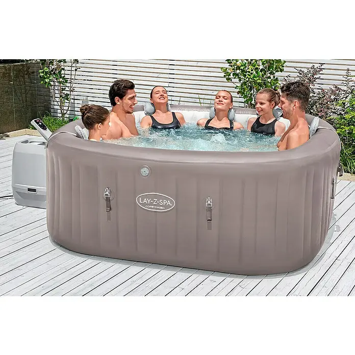 Bestway Lay-Z-Spa Mobil-Whirlpool Copenhagen Hydrojet - L x B x H: 201 x 201 x 80 cm, Grau, 1.050 l - Das Lay-Z-Spa Copenhagen ist ein aufblasbarer Whirlpool für bis zu sechs Personen, ideal für entspannende Momente im Garten oder auf der Terrasse.