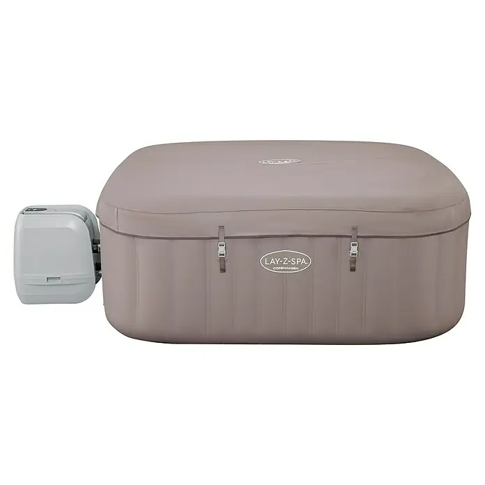 Bestway Lay-Z-Spa Mobil-Whirlpool Copenhagen Hydrojet - L x B x H: 201 x 201 x 80 cm, Grau, 1.050 l - Nahaufnahme eines Lay-Z-Spa Copenhagen Whirlpools mit Abdeckung und Heizung/Pumpe.