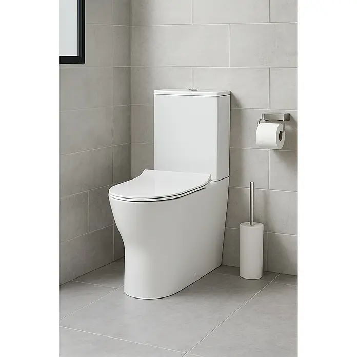 Pack de WC Nairon - Sin borde de descarga, Salida dual, Blanco - Un moderno inodoro blanco con escobilla y soporte para papel a juego, complementando un diseño de baño limpio.