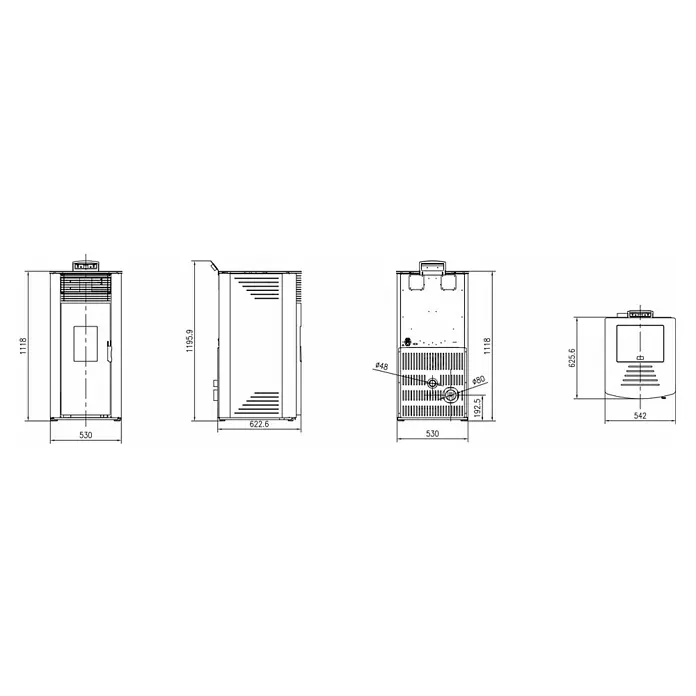 Estufa de pellets canalizable Gyda - 13,8 kW, Volumen de calefacción: 320 m³, Blanco - Dibujo técnico de la estufa de pellets con dimensiones 1118x530x622.6 mm.
