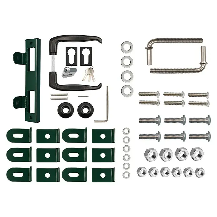 FA-Bausysteme Zauntor Basic - 1 x 1,2 m, Stahl, Moosgrün, 1-Flügel - Bild eines Zauntürschlosses-Sets mit Griffen, Schlosskasten und Beschlägen für die Installation.