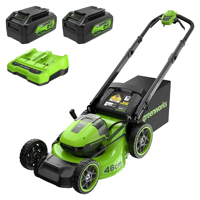 Greenworks Akku-Rasenmäher Gen2 GW 2X24V BL 46 cm - 48 V, 2 Akkus, 4 Ah, Schnittbreite: 33 mm - Ein Greenworks Akku-Rasenmäher-Set mit Batterien und Ladegerät, ideal für Gartenarbeit.