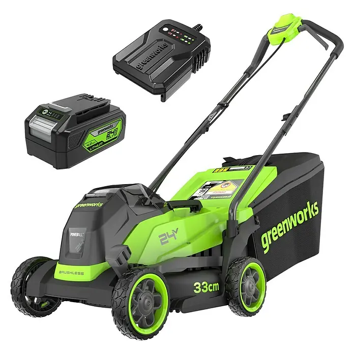 Greenworks Akku-Rasenmäher Gen2 GW 24V BL 4 AH 33 cm - 24 V, 1 Akku, 4 Ah, Schnittbreite: 33 mm - Greenworks Akku-Rasenmäher mit Akku und Ladegerät, ideal für kleine Gärten. Kompakt, leicht und einfach zu bedienen.