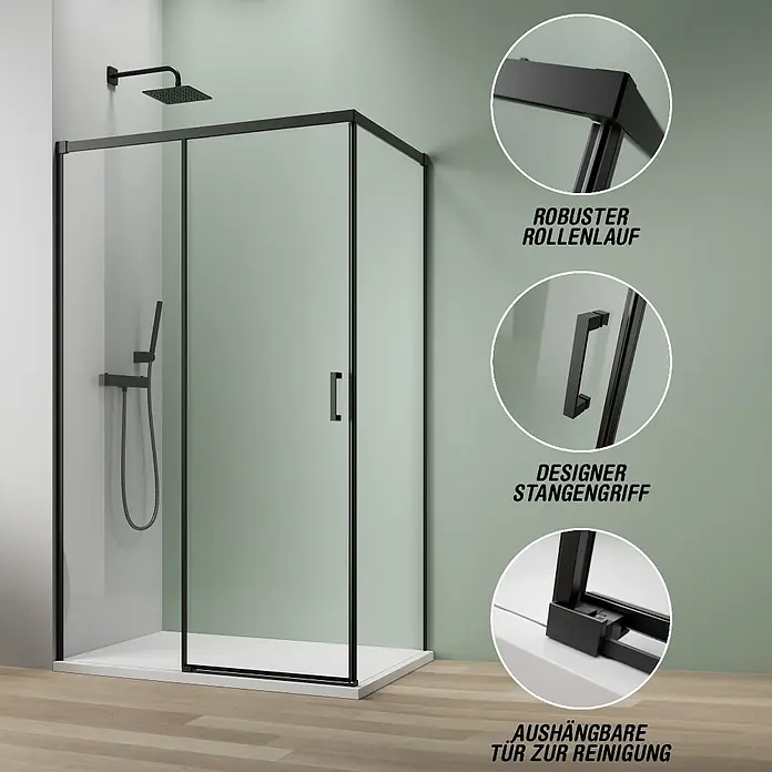 Camargue Roma Mix & Match Eckdusche - L x B x H: 120 x 100 x 195 cm, Beschichtet, Schwarz, Glasstärke: 6 mm, DIN Anschlag: Rechts - Duschkabine mit schwarzem Rahmen und Schiebetür. Robuster Rollenlauf, Designer Stangengriff und aushängbare Tür zur Reinigung werden hervorgehoben.