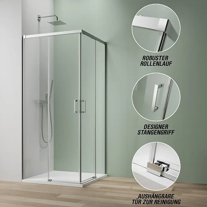 Camargue Roma Mix & Match Eckdusche - L x B x H: 80 x 80 x 195 cm, Beschichtet, Silberglanz, Glasstärke: 6 mm - Duschkabine mit Schiebetüren und Details zu Rollenlauf, Griff und Reinigung.\n