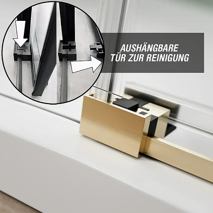 Camargue Roma Mix & Match Eckdusche - L x B x H: 90 x 90 x 195 cm, Beschichtet, Brushed Gold, Glasstärke: 6 mm - Detailansicht einer Duschkabine mit aushängbarer Tür zur einfachen Reinigung und Pflege.