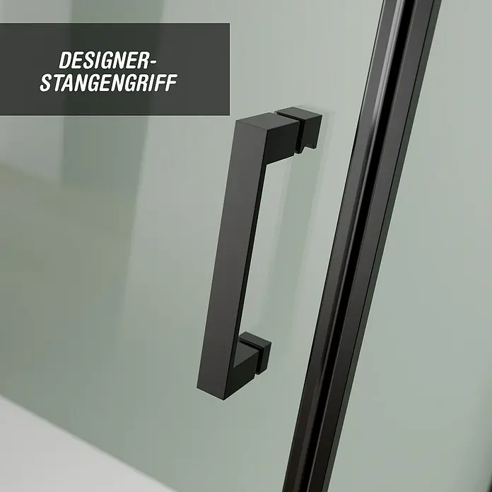 Camargue Roma Mix & Match Eckdusche - L x B x H: 120 x 100 x 195 cm, Beschichtet, Schwarz, Glasstärke: 6 mm, DIN Anschlag: Rechts - Detailaufnahme eines modernen, schwarzen Stangengriffs an einer Duschkabine. Der Griff besticht durch sein minimalistisches, kantiges Design.