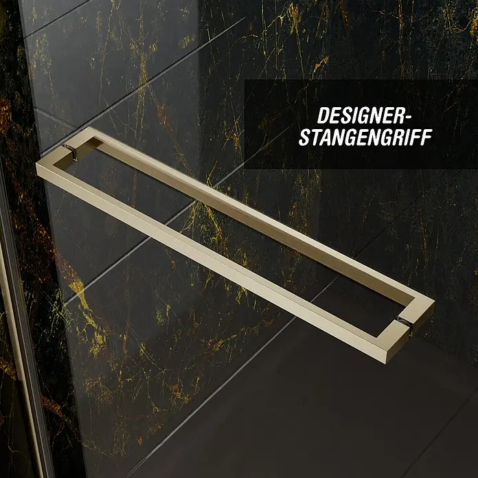 Camargue Palermo Eckdusche - L x B x H: 80 x 90 x 200 cm, Laufrollen tragen in der Höhe bis zu 40 mm auf, Unbeschichtet, Brushed Gold, Glasstärke: 6 mm, DIN Anschlag: Rechts - Elegante Duschkabine mit einem rechteckigen Designer-Stangengriff in Goldoptik. Perfekt für moderne Badezimmerdesigns.