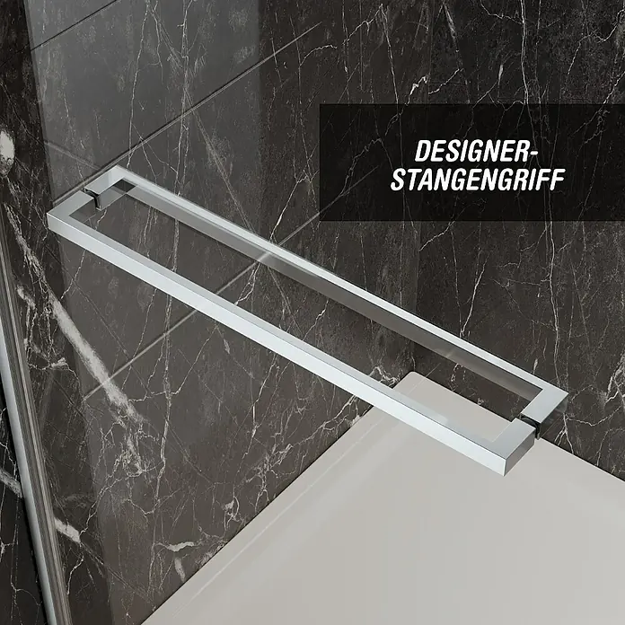 Camargue Palermo Eckdusche - L x B x H: 90 x 90 x 200 cm, Laufrollen tragen in der Höhe bis zu 40 mm auf, Unbeschichtet, Silberglanz, Glasstärke: 6 mm - Bild eines verchromten Designer-Stangengriffs an einer Duschkabine vor dunklem Marmor.
