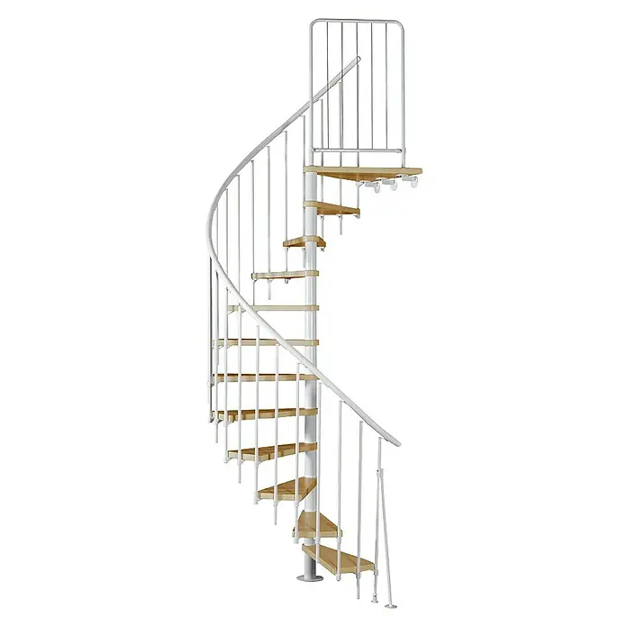 Atrium Spindeltreppe Novo - Farbton Metall: RAL 9003, Durchmesser: 120 cm, Buche, Geschosshöhe: 271,4 cm - 313,5 cm - Silberne Wendeltreppe mit Holzstufen. Ein elegantes und platzsparendes Designelement für moderne Innenräume.\n