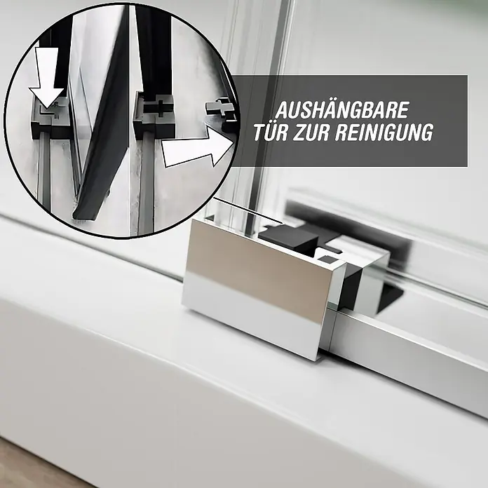 Camargue Roma Mix & Match Eckdusche - L x B x H: 140 x 80 x 195 cm, Beschichtet, Silberglanz, Glasstärke: 6 mm, DIN Anschlag: Rechts - Detailaufnahme einer Duschkabine mit abnehmbarer Tür zur Reinigung. Das Design ermöglicht einfache Pflege.