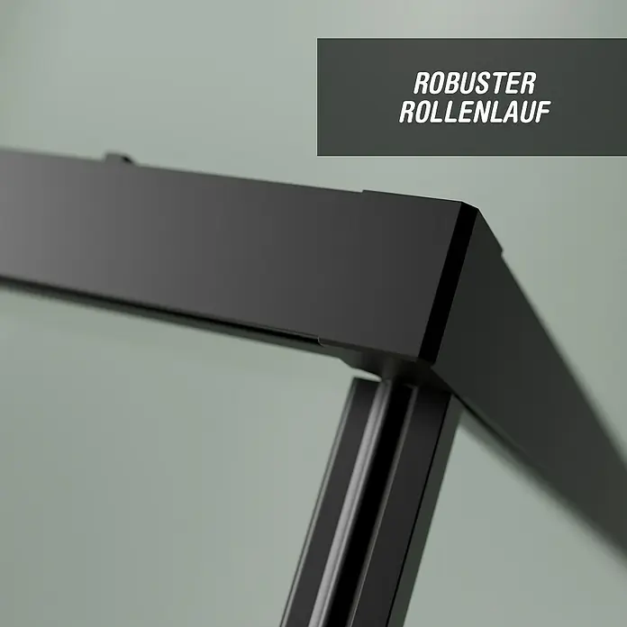 Camargue Roma Mix & Match Eckdusche - L x B x H: 120 x 100 x 195 cm, Beschichtet, Schwarz, Glasstärke: 6 mm, DIN Anschlag: Rechts - Detailansicht eines schwarzen Duschrahmens, der robust und langlebig ist, für einen sanften und zuverlässigen Rollenlauf der Duschkabine.