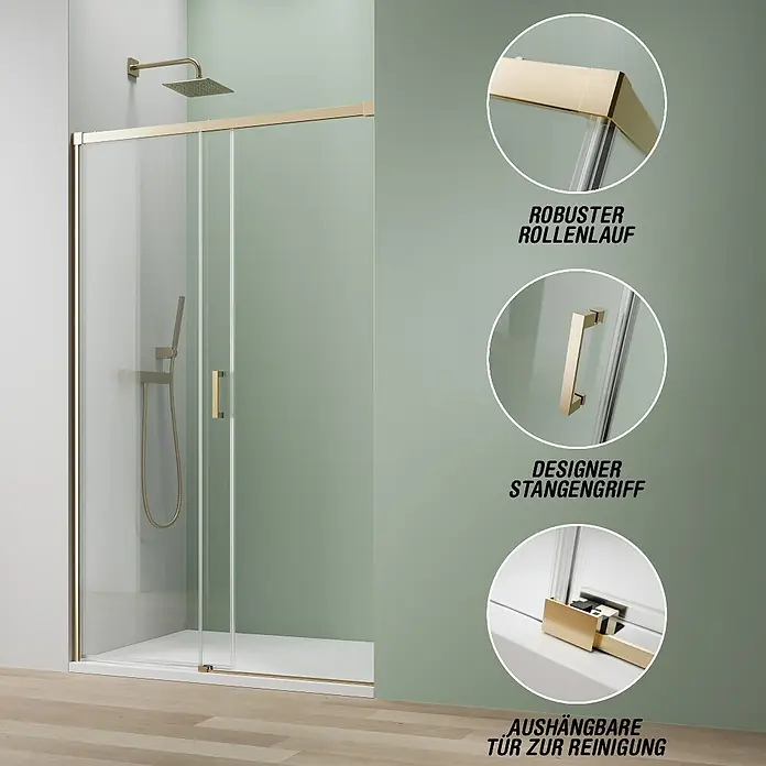 Camargue Roma Mix & Match Nischendusche - 100 x 195 cm, Beschichtet, Brushed Gold, 6 mm - Duschkabine mit goldenen Akzenten, inklusive robustem Rollenlauf, Designer Stangengriff und aushängbarer Tür zur einfachen Reinigung.