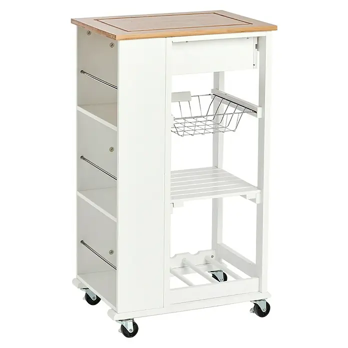 Zeller Present Küchenwagen - L x B x H: 50 x 37 x 86,5 cm, Weiß - Küchenwagen mit Bambusplatte, Schublade, Drahtkorb, Regalen, Flaschenhalter und Rollen für flexible Nutzung.