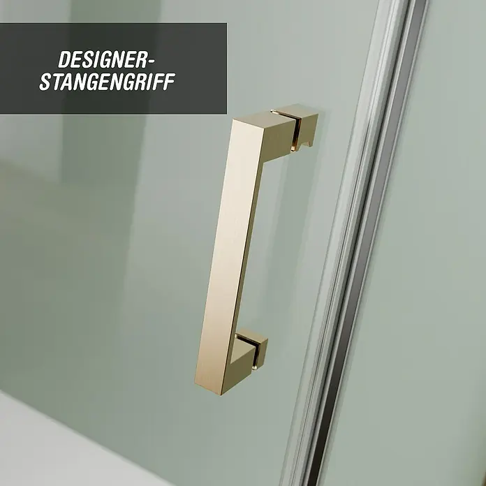 Camargue Roma Mix & Match Eckdusche - L x B x H: 90 x 90 x 195 cm, Beschichtet, Brushed Gold, Glasstärke: 6 mm - Nahaufnahme eines modernen, goldenen Stangengriffs an einer Duschkabine. Hochwertiges Design für ein elegantes Badezimmerambiente.